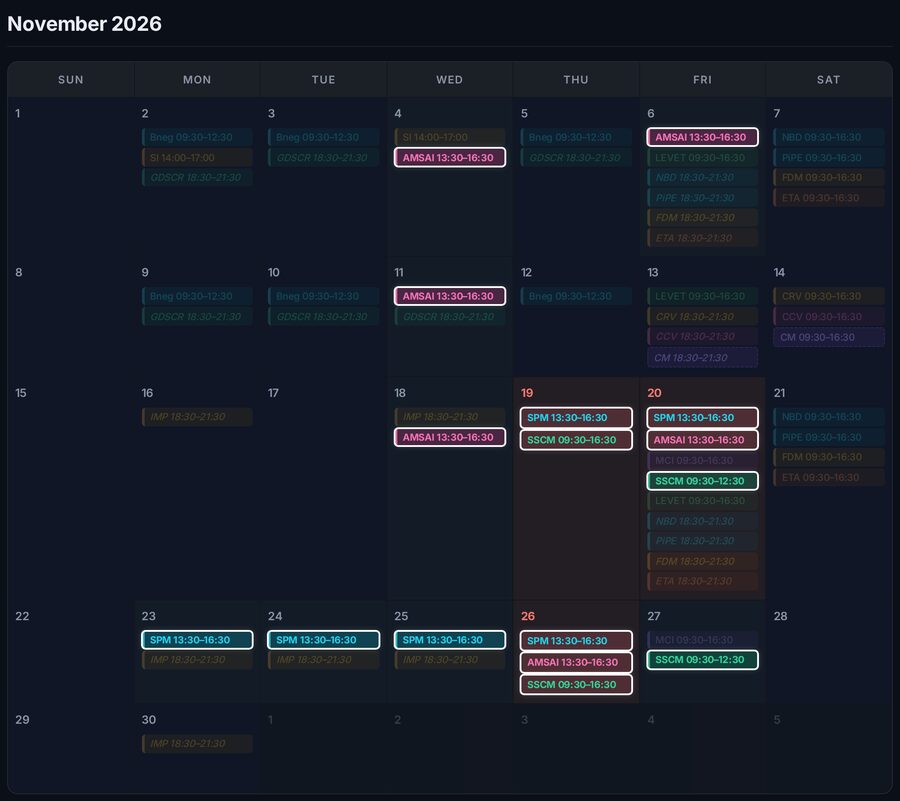Electives navigator calendar view, showing a term's course sessions colour-coded by subject