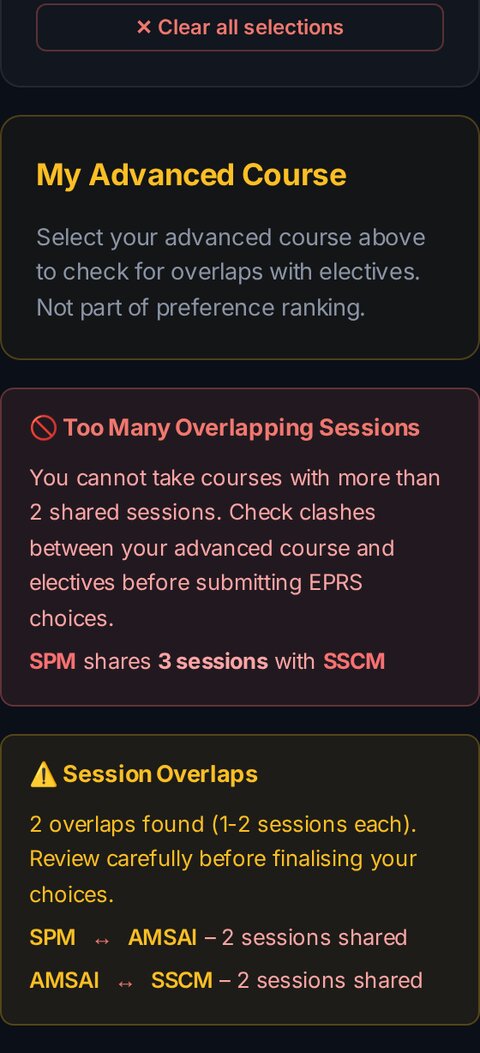 Electives navigator conflict panel, flagging overlapping course sessions